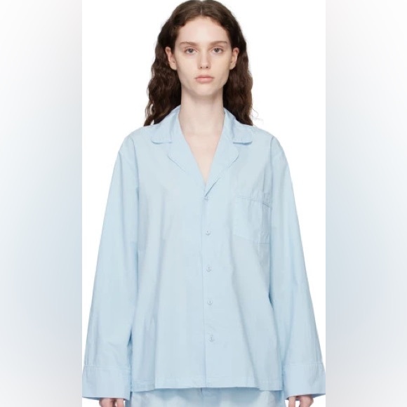 SKIMS Blue Poplin Sleep Cotton Button Up Shirt - Picture 1 of 5
